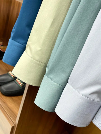 Business casual silky bamboo fiber fabric, comfortable and skin-friendly square neck long-sleeved shirt in spring and summer