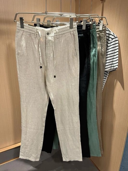 European and American light luxury LP men's summer pure linen elastic waist tether small straight casual pants