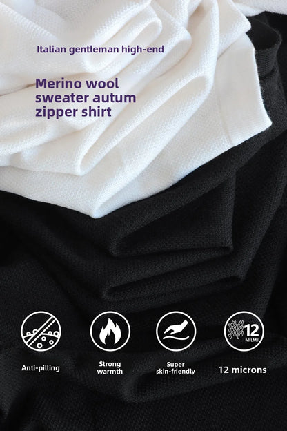 Elegant gentleman, autumn and winter fashion high-end Tencel long-sleeved shirt men's lapel wool knitted cardigan