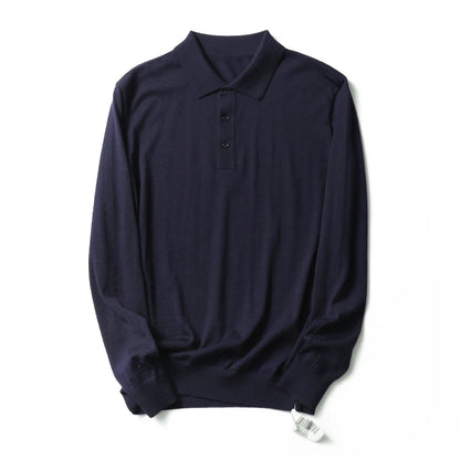 Spring Fashion Business Casual Wool Knitted Sweater Solid Color Long Sleeve POLO Shirt