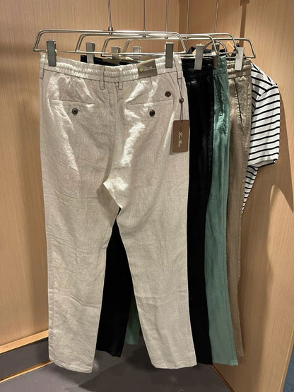 European and American light luxury LP men's summer pure linen elastic waist tether small straight casual pants