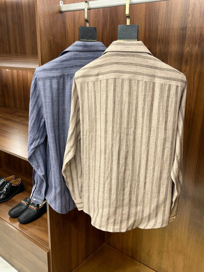 Kiton spring and summer new 100% linen striped simple casual men's long-sleeved shirt