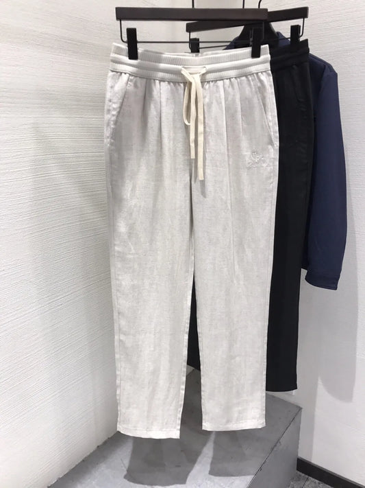Italian LP European and American light luxury men's clothing linen Tencel elastic waist tether straight casual pants