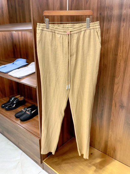 Italian style vintage style summer high version pure linen elastic waist tied rope small straight leg casual pants