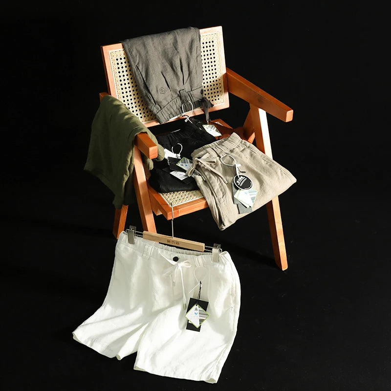 Linen shorts men's summer thin cool middle pants straight loose solid color Japanese retro casual five-point pants