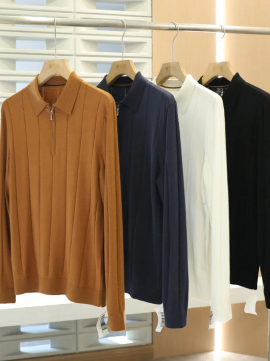High quality, mulberry silk + cashmere autumn and winter fashion high-end knitted POLO shirt men's lapel sweater