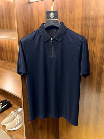 LP old money style light luxury summer cotton mixed linen lapel half zipper short sleeved minimalist business casual polo shirt