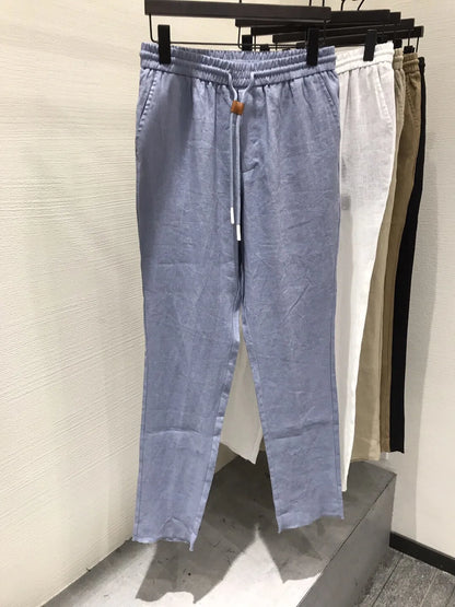LP old money style light luxury summer pure linen elastic waist tied rope small straight leg casual pants