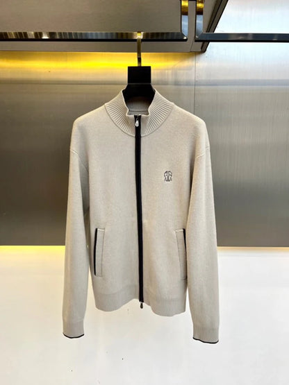 Italy BC new cashmere fabric contrasting zipper stand up collar fashionable casual men's knitted jacket