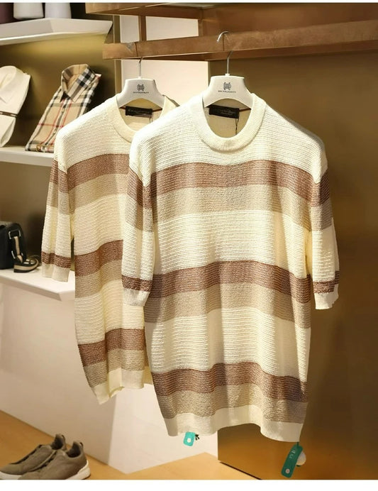 LP 2025 summer new men's high sense old money wind tencel linen hollow breathable knitted short-sleeved T-shirt