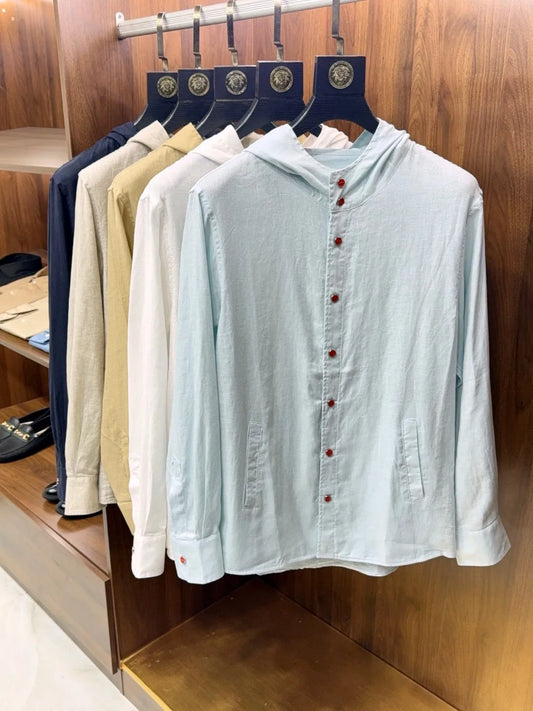 Italian Kiton Old Money Wind Summer High Version Pure Linen Windproof Sunscreen Casual Hooded Shirt Thin Jacket Men and Women