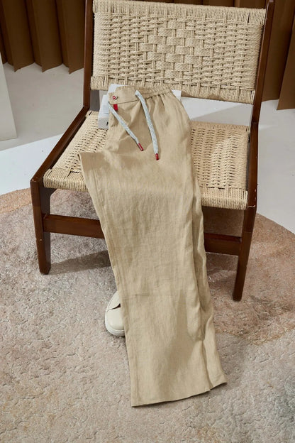 Italian Kiton vintage style summer linen elastic waist straight leg casual pants
