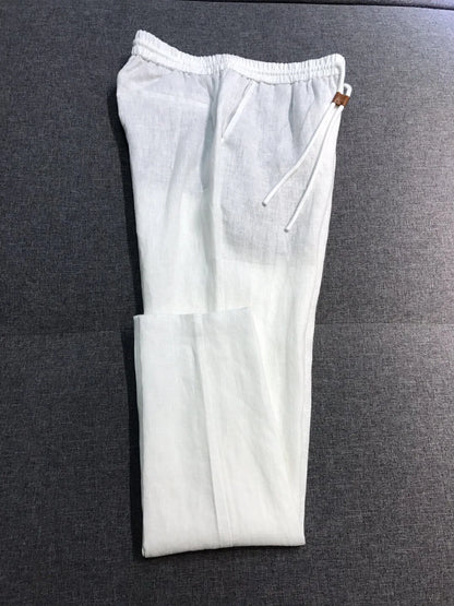 LP old money style light luxury summer pure linen elastic waist tied rope small straight leg casual pants