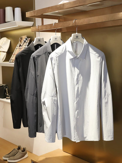 2025 summer new men's business and leisure outdoor quick-drying breathable high-elastic shirt light and thin long-sleeved shirt