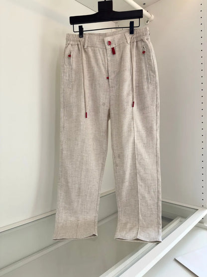 Italian Kiton vintage style summer high version elastic waist straight leg linen casual pants