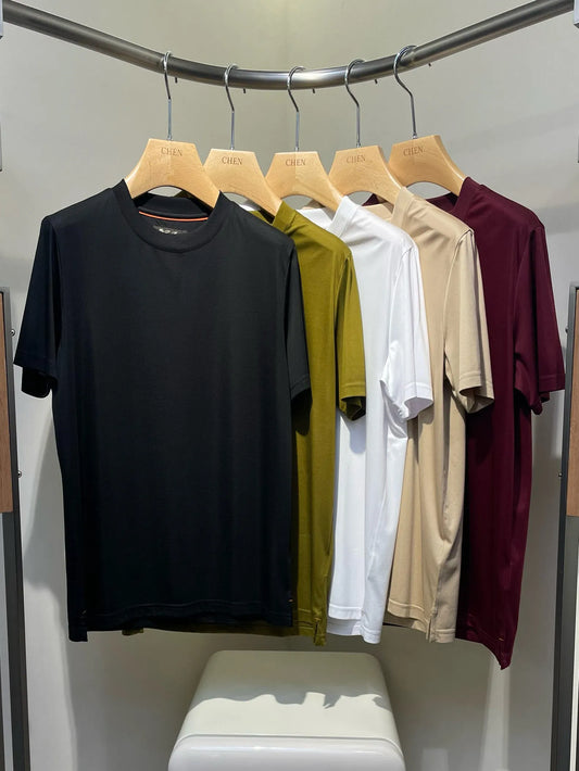 Italian LP Men's Clothing 25 Summer New Acetate Silk Cotton Breathable Solid Color Fashion Casual Short Sleeve T-Shirt