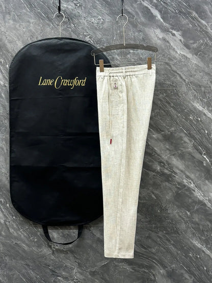 Kiton summer simple and versatile elastic waistband tied rope straight tube linen casual pants
