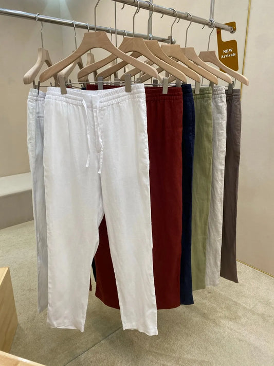 Italian old money style European and American luxury high version 25 summer linen elastic waist straight wide-leg casual pants