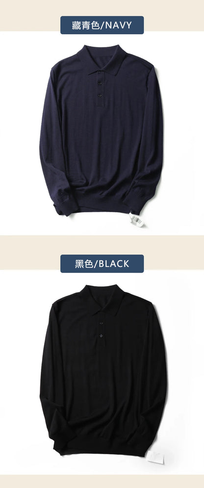 Spring Fashion Business Casual Wool Knitted Sweater Solid Color Long Sleeve POLO Shirt