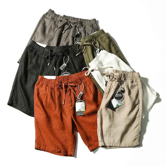 Linen shorts men's summer thin cool middle pants straight loose solid color Japanese retro casual five-point pants