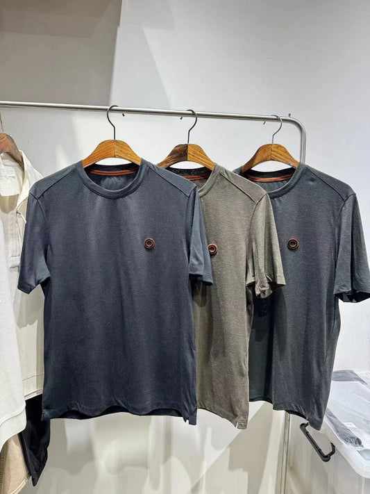 Wool blended 2025 spring and summer new, toothbrush embroidered contrasting color round neck casual short-sleeved T-shirt