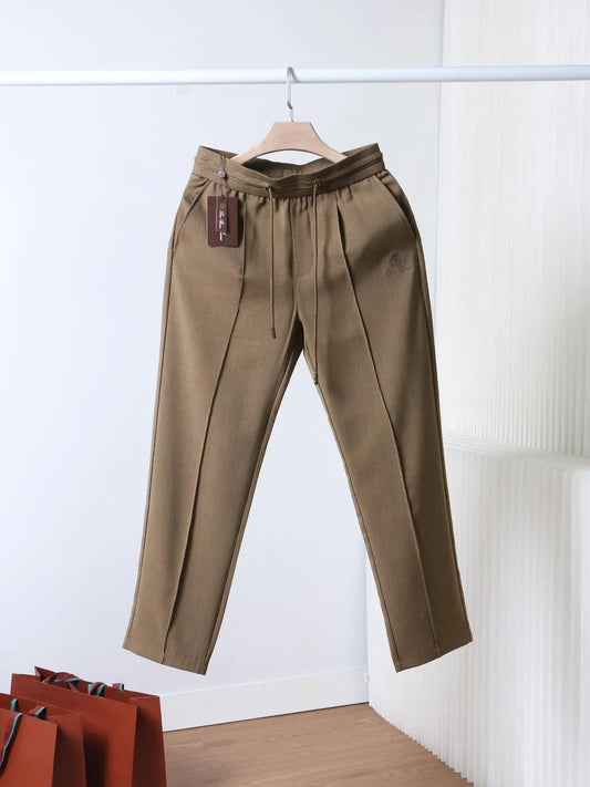 Italian LP European and American light luxury men's clothing, linen Tencel vertical elastic waist tether straight casual pants