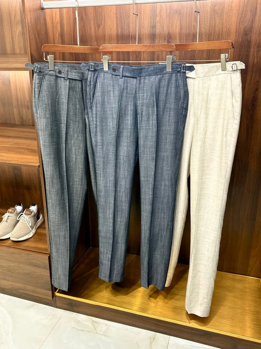 Italian style European and American LP light luxury men's summer linen Tencel straight tube minimalist business casual trousers