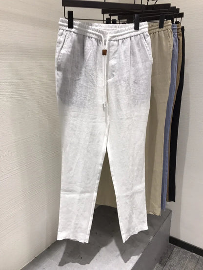 LP old money style light luxury summer pure linen elastic waist tied rope small straight leg casual pants