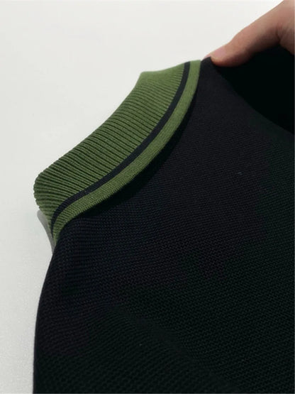 Contrast Color Design Business Casual 100% Cotton High Texture Lapel Short Sleeve T-Shirt Polo Shirt