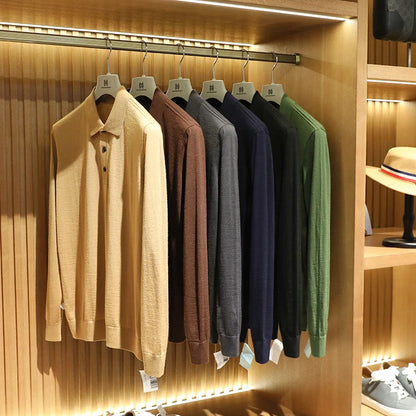 Spring Fashion Business Casual Wool Knitted Sweater Solid Color Long Sleeve POLO Shirt