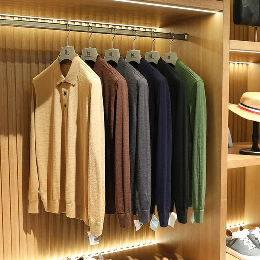 Spring Fashion Business Casual Wool Knitted Sweater Solid Color Long Sleeve POLO Shirt