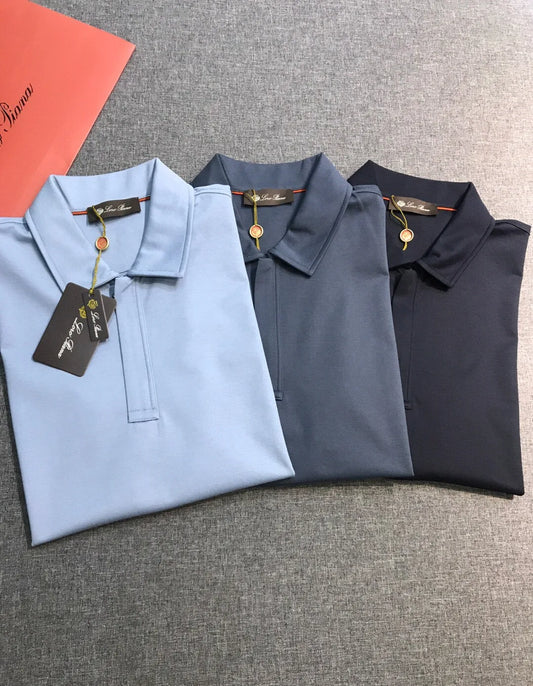 Italian LP European and American light luxury men's mulberry silk mixed cotton lapel short sleeved simple casual polo shirt