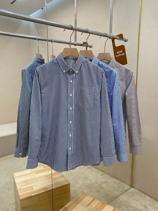 Italian old money style light luxury 25 summer pure cotton shirt business simple casual long sleeved striped shirt